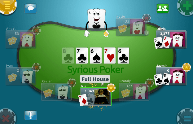 A Syrious Poker table mid-hand: eight players around a green felt, five community cards showing, and a Full House called out
