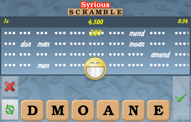 A Syrious Scramble round in progress: the letters D M O A N E below a grid of blanks, with mend, don, man, moan, amend and men already found