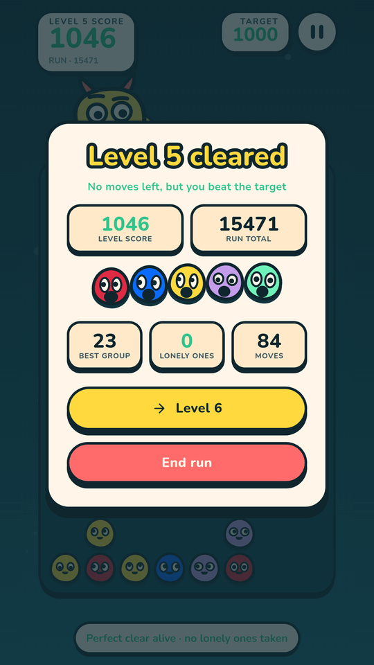 The level five cleared screen, showing the level score, the run total and a button on to level six